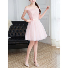 Custom Off-the-shoulder Mini/ Short Satin Tulle Lace Bridesmaid Dress