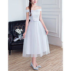Affordable A-Line Off-the-shoulder Tea Length Bridesmaid Dresses
