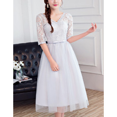 Custom V-Neck Tea Length Bridesmaid Dresses with Half Lace Sleeves