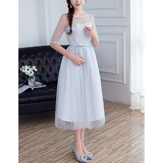 Discount Tea Length Satin Tulle Bridesmaid Dresses with Half Sleeves