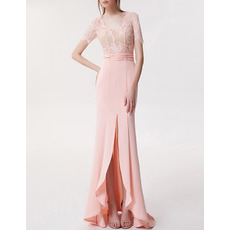 New High-Low Chiffon Lace Evening Dresses with Short Sleeves