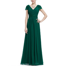 Inexpensive V-Neck Long Chiffon Evening Dresses with Short Sleeves