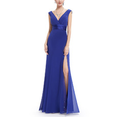 V-Neck Floor Length Chiffon Slit Evening Dresses