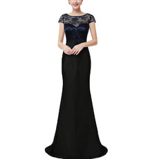 Sexy Floor Length Lace Chiffon Evening Dresses with Short Sleeves