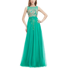 Custom A-Line Sleeveless Floor Length Tulle Embroidery Evening Dresses