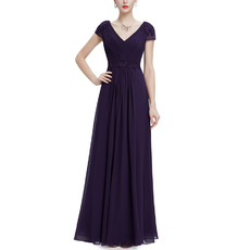 Custom V-Neck Floor Length Chiffon Evening Dresses with Short Sleeves