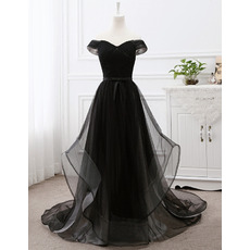 Off-the-shoulder Sweep Train Organza Black Evening Dresses