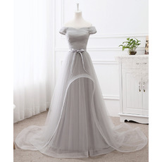 Custom Off-the-shoulder Sweep Train Organza Evening Dress with Sash