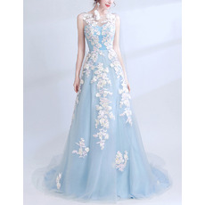 Affordable Sleeveless Long Satin Tulle Evening Dress with Applique