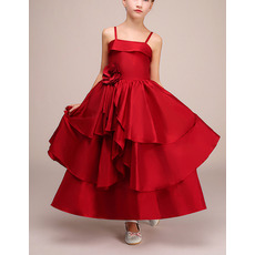 Custom Spaghetti Straps Ankle Length Satin Flower Girl Dresses