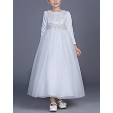 Custom Ankle Length Satin Flower Girl Dresses with Long Sleeves