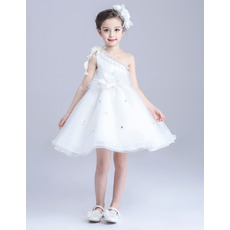 New A-Line One Shoulder Sleeveless Short Satin Flower Girl Dress