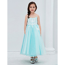 Custom Tea Length Embroidery Flower Girl Dresses with Spaghetti Straps