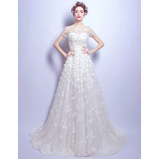 Custom Sweep Train Organza Applique Wedding Dresses with Short Sleeves