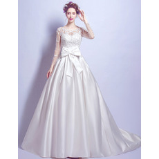 Chapel Train Satin Wedding Dresses with Long Sleeves