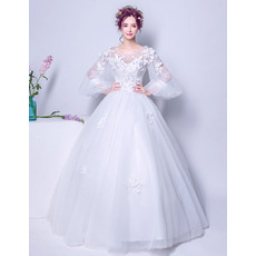 Elegant Ball Gown Floor Length Wedding Dress with Long Bubble Sleeves