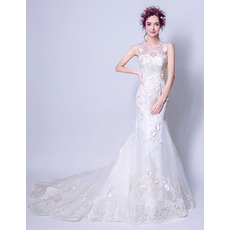 Elegant Sheath Court Train Satin Organza Applique Wedding Dresses