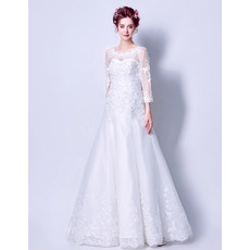 Discount A-Line Floor Length Wedding Dresses with 3/4 Long Sleeves