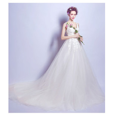 V-Neck Court Train Satin Organza Wedding Dresses