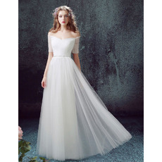 Off-the-shoulder Long Organza Wedding Dresses with Short Sleeves