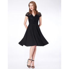 Vintage Knee Length Chiffon Black Bridesmaid Dress with Short Sleeves