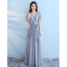 Custom V-Neck Short Sleeves Floor Length Chiffon Bridesmaid Dresses