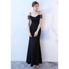 Sexy Spaghetti Straps Long Evening Dresses with Short Lace Sleeves