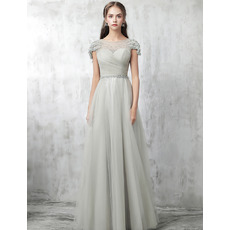 Inexpensive Cap Sleeves Floor Length Satin Tulle Evening Dresses