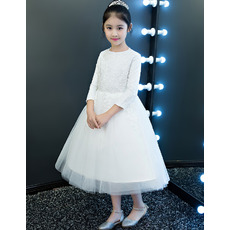 Custom Tea Length Lace Organza Flower Girl Dresses with Long Sleeves