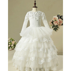 Inexpensive Layered Skirt Flower Girl Dresses with Long Sleeves