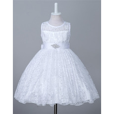 Sleeveless Knee Length Lace Flower Girl Dress with Belt