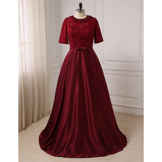Affordable Floor Length Lace Satin Mother Dresses with Short Sleeves