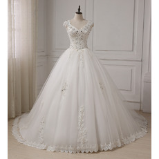 Elegant A-Line V-Neck Sleeveless Chapel Train Organza Wedding Dresses