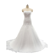 A-Line Sweetheart Court Train Satin Wedding Dresses