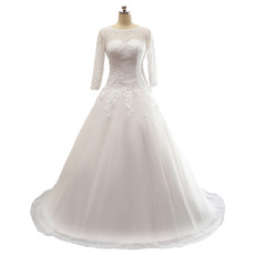 New A-Line Floor Length Wedding Dresses with 3/4 Long Sleeves