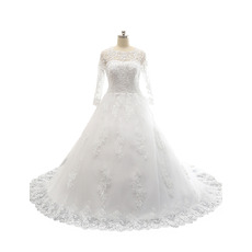 Custom A-Line Court Train Satin Tulle Wedding Dress with Long Sleeves