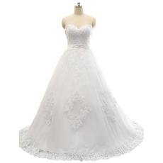 Discount A-Line Sweetheart Sweep Train Satin Tulle Wedding Dresses