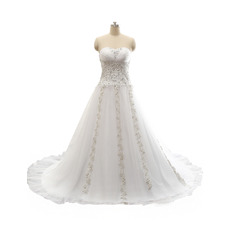 A-Line Sweetheart Sweep Train Beading Wedding Dresses