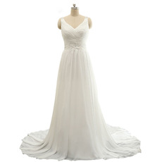 Custom V-Neck Sweep Train Chiffon Wedding Dresses with Straps