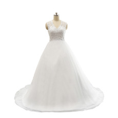 Custom A-Line V-Neck Court Train Satin Organza Wedding Dresses