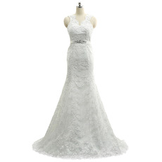 Custom Sheath V-Neck Sleeveless Sweep Train Lace Wedding Dresses