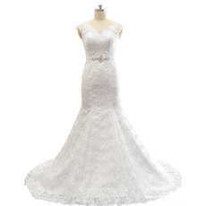 Trumpet V-Neck Sweep Train Lace Wedding Dresses