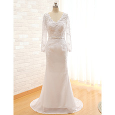 V-Neck Sweep Train Wedding Dresses with Long Sleeves