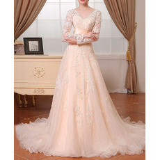 Custom V-Neck Sweep Train Lace Wedding Dresses with Long Sleeves