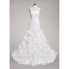 Custom Sheath Strapless Sweep Train Organza Ruffle Skirt Wedding Dress