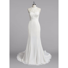 Custom Sheath Halter Sleeveless Sweep Train Chiffon Wedding Dresses