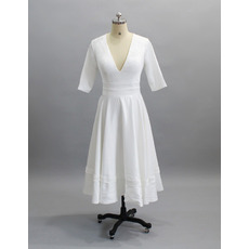 Custom V-Neck Tea Length Reception Wedding Dresses with Half Sleeves