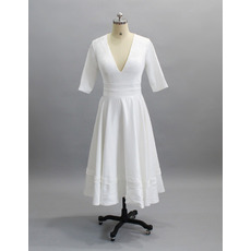 Custom V-Neck Tea Length Reception Wedding Dresses with Half Sleeves