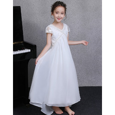 Custom V-Neck Cap Sleeves Ankle Length Chiffon Junior Bridesmaid Dress
