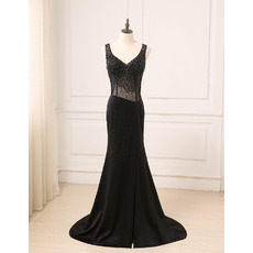 Sexy Sheath V-Neck Floor Length Chiffon Black Beading Evening Dresses